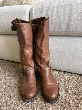 Frye Tall Brown Leather Slouch Boots with side Buckle